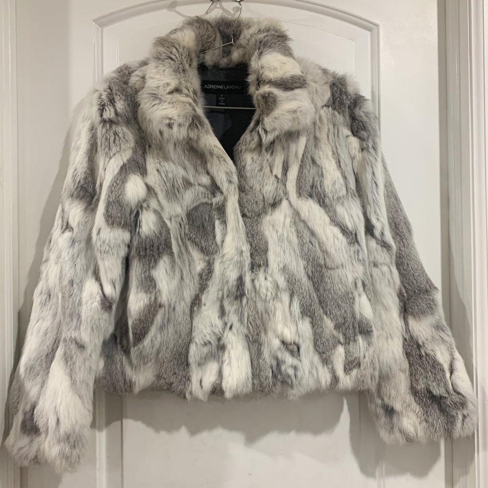 Adrienne Landau Grey and White Rabbit Fur Waist Length Women’s Medium Coat